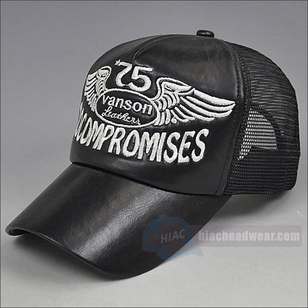 custom black trucker hat leather embroidery logo